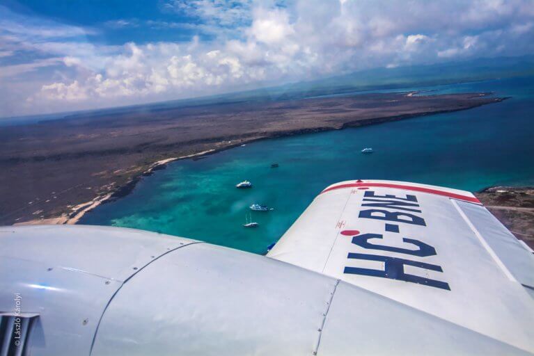 Aerial shot from a private plane flying over the Galapagos Islands on a luxury Ecuador trip