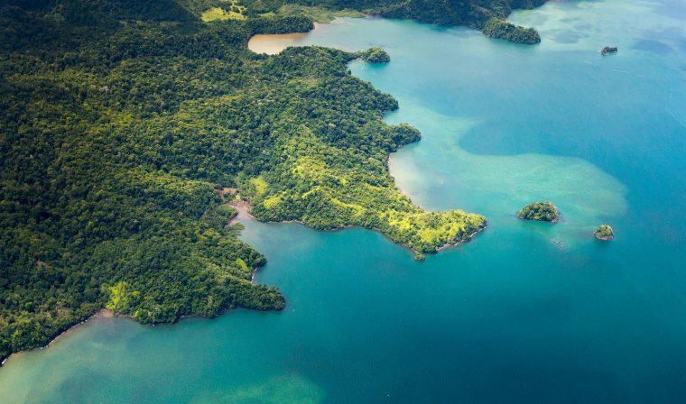 The lush rainforest meets the turquoise waters of the Pacific in an aerial view of the Osa Peninsula