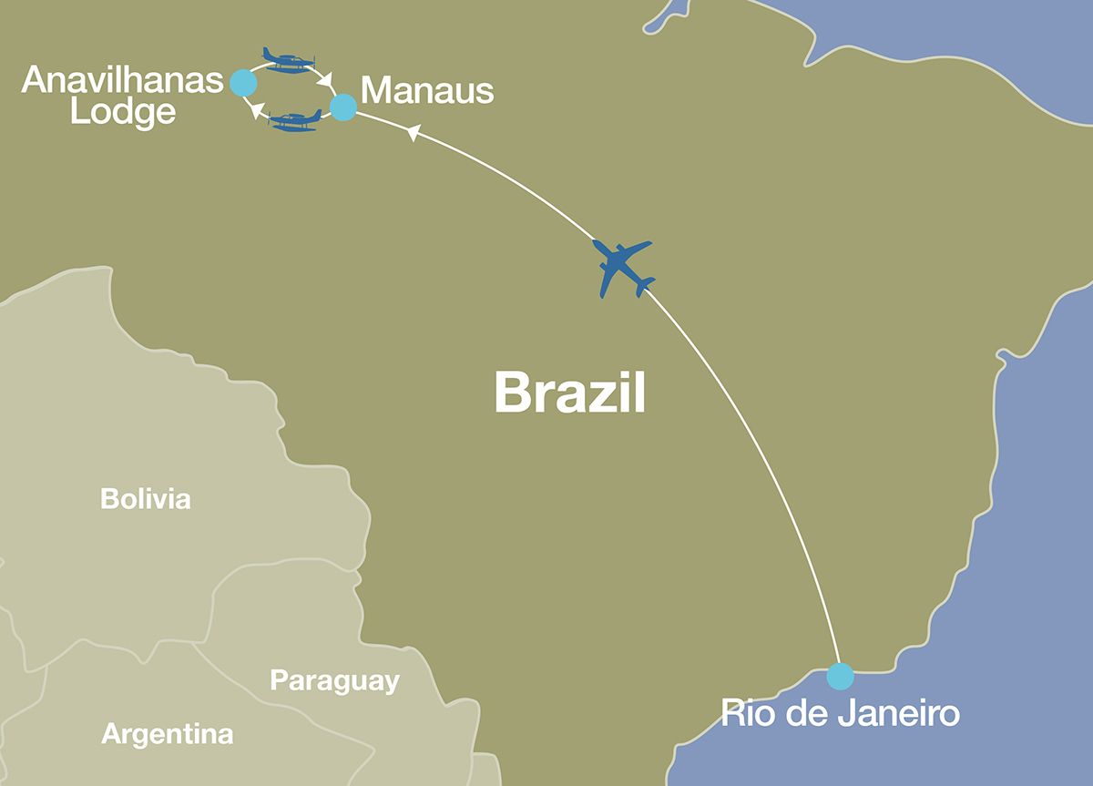 Map showing route, destinations, and flights for luxury tour of Amazon jungle in Brazil