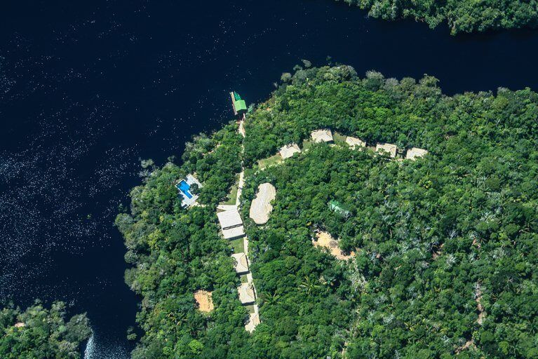 Aerial view of Anavilhanas Jungle Lodge, Amazon rainforest and river