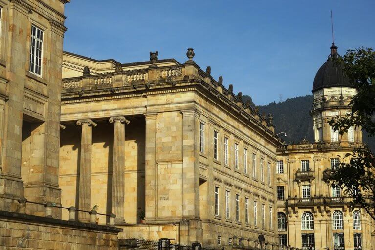 Grand colonial architecture in Bogota's Plaza Bolivar in the historic Candelaria neighborhood