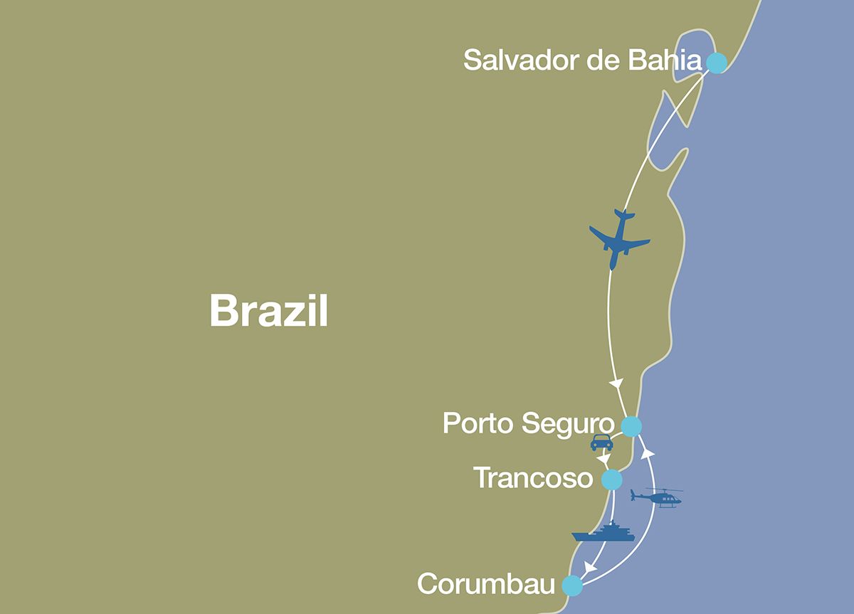 Map showing route, destinations, and methods of transportation of luxury tour of Bahia, Brazil