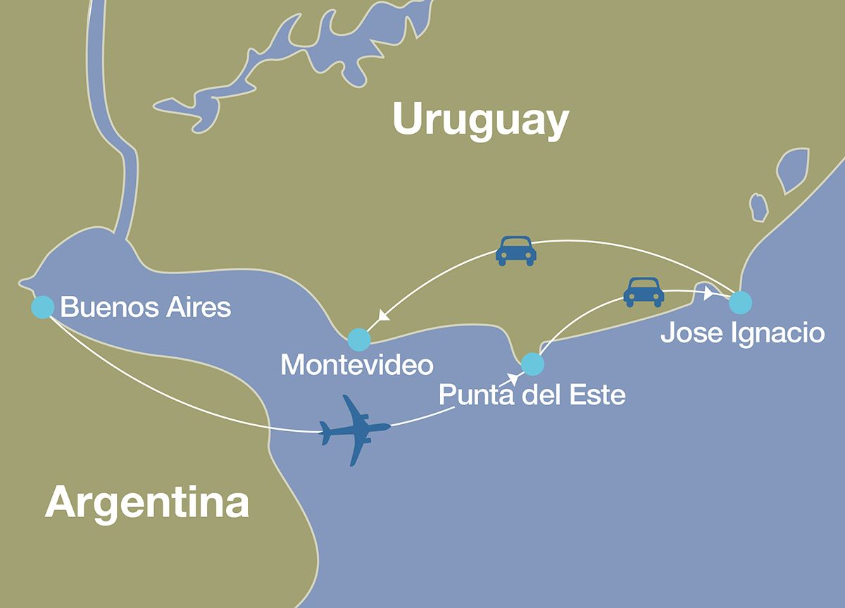Map showing route, destinations, and methods of transportation of luxury Buenos Aires and San Ignacio Vacation