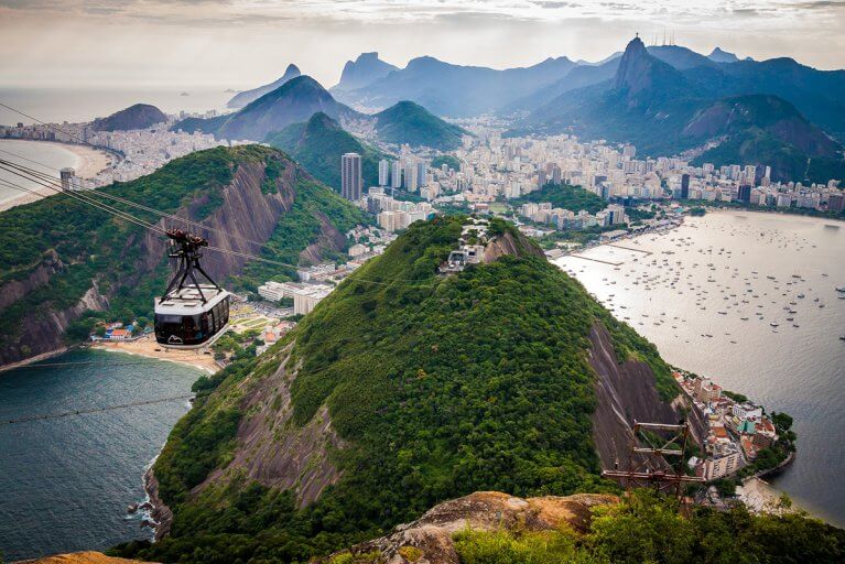 Aerial view of a cable car, Sugarloaf Mountain, and bay on a luxury trip to Rio de Janeiro, Brazil