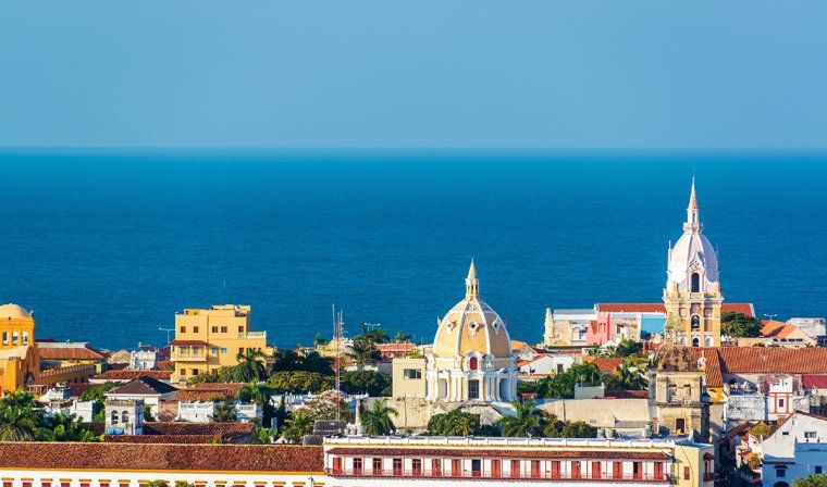 Aerial view of Cartagena's Old Town with the Caribbean in the background