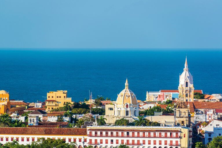 Aerial view of Cartagena's Old Town with the Caribbean in the background