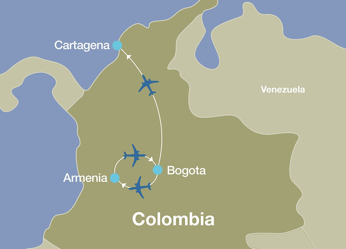Map of a luxury tour of Colombia that begins in Bogota, continues in the Coffee Region, and ends in Cartagena