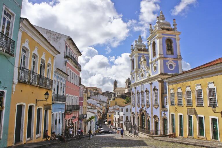 Colorful colonial houses in Pelourinho, the historical center of Salvador de Bahia during a luxury trip to Brazil