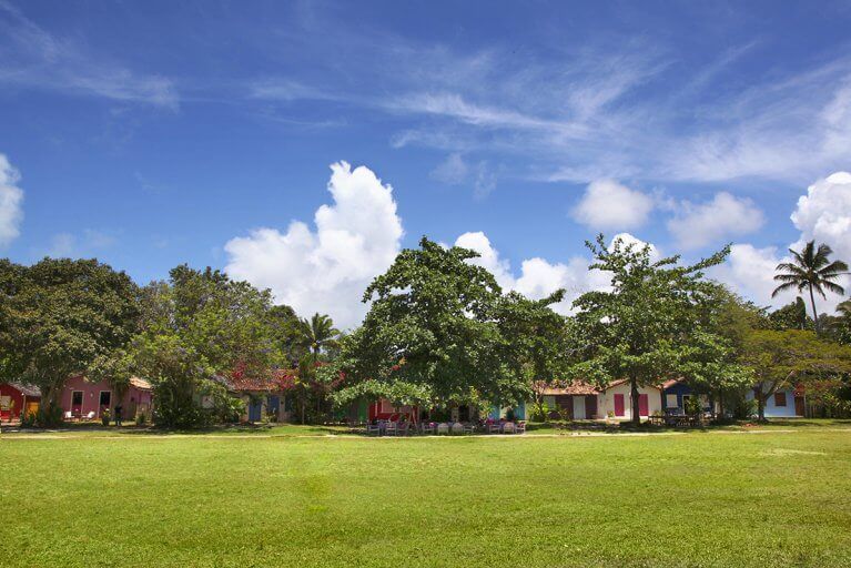 Colorful houses and trees surrounding the Quadrado in Trancoso, Brazil