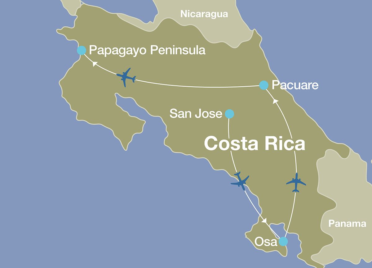 Map of a Costa Rica luxury tour including stops in: San Jose, the Osa Peninsula, Pacuare Jungle Lodge, and Papagayo Peninsula