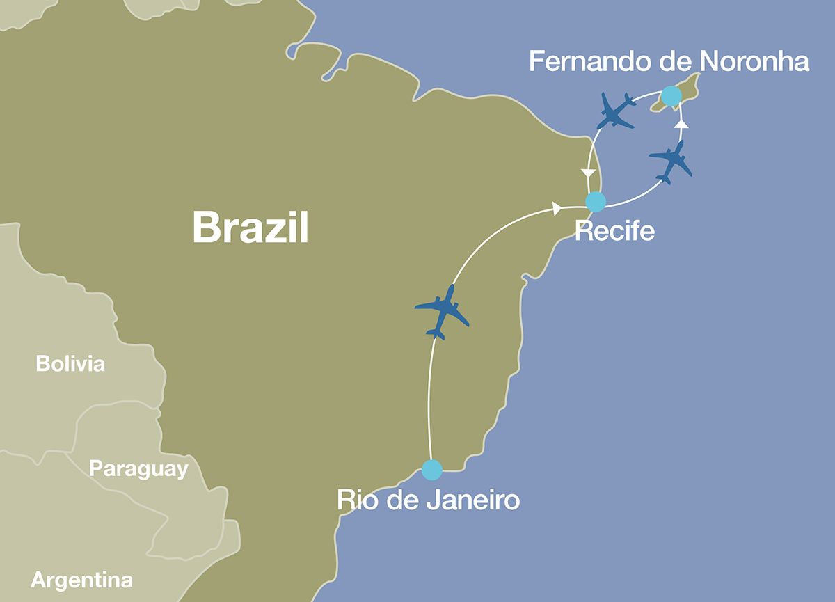 Map showing route, destinations, and flights for luxury tour of Fernando de Noronha, Brazil