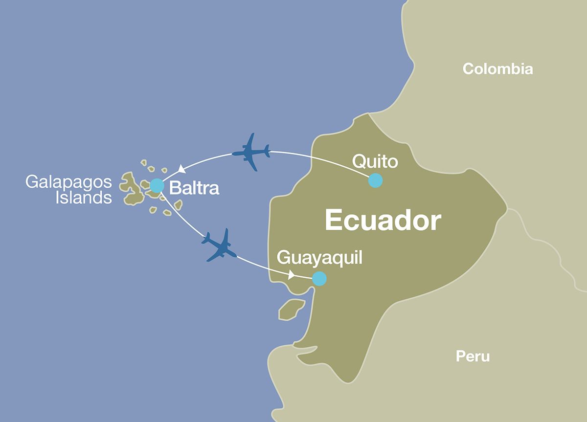 Map showing route, destinations, and flights for Galapagos Islands Luxury Tour