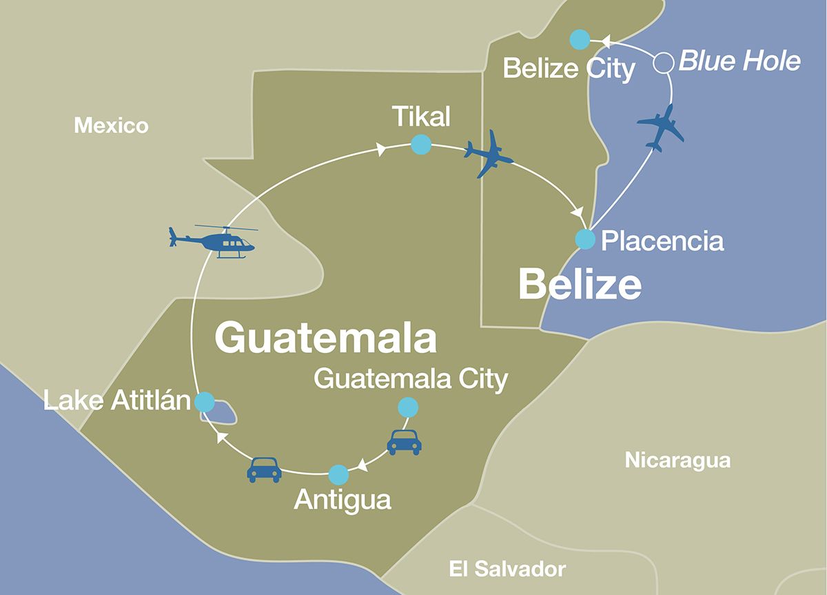 Map of a Guatemala and Belize luxury tour including Antigua, Lake Atitlan, Tikal, and Placencia