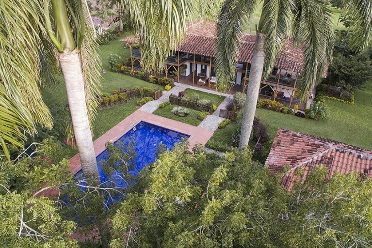 Aerial view of the pool at Hacienda Bambusa in Colmbia's Coffee Region
