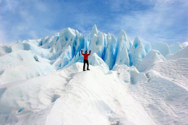 A man ice trekking on the Perito Moreno Glacier in Argentinian Patagonia