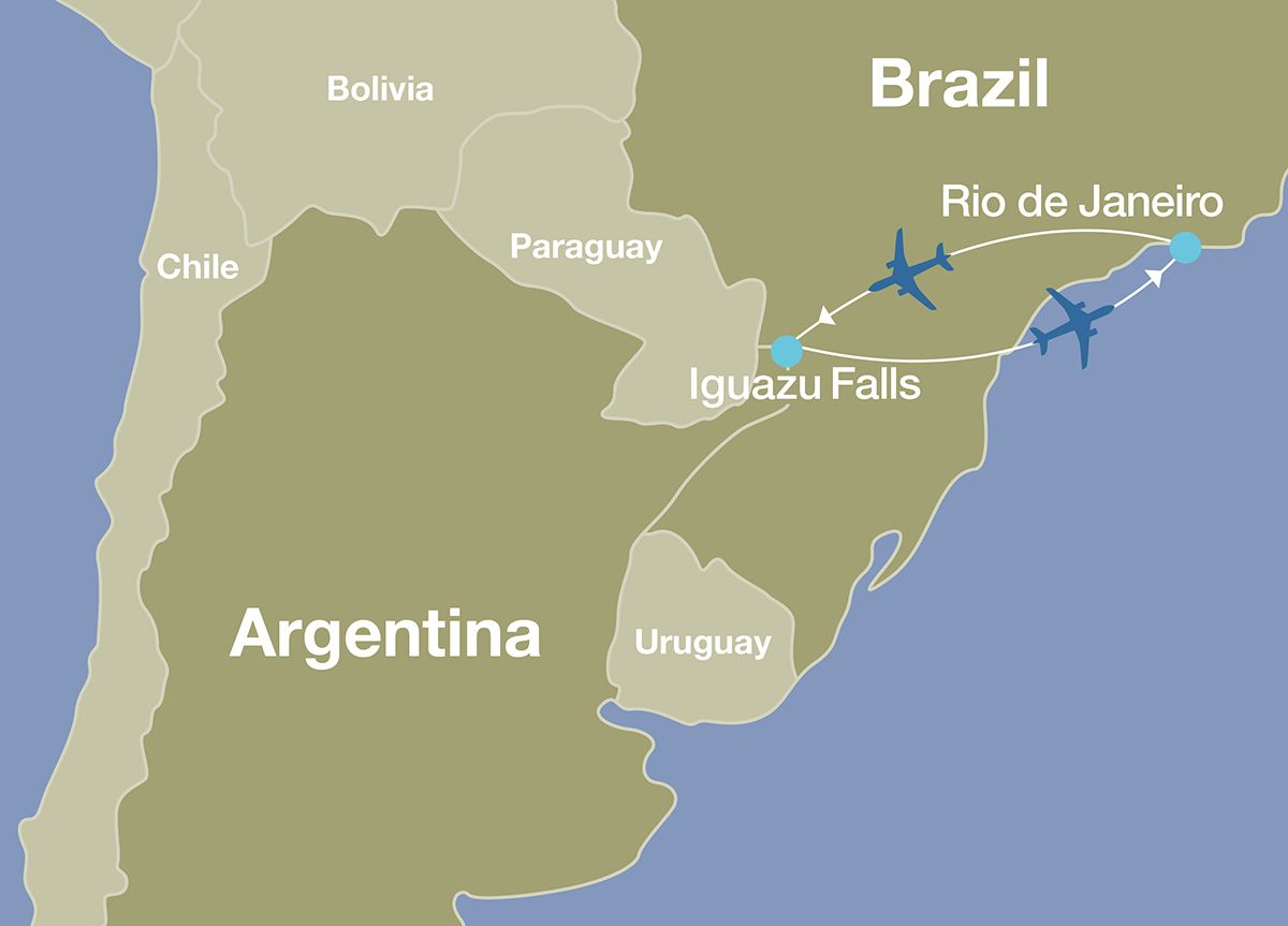 Map showing route, destinations, and methods of transportation of luxury Iguazu Falls Tour in Argentina and Brazil