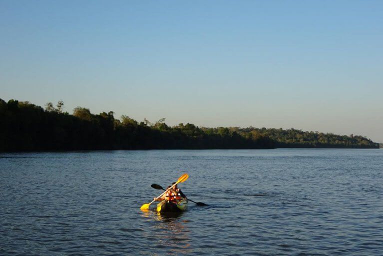 Two people on private kayaking tour on the Iguazu River