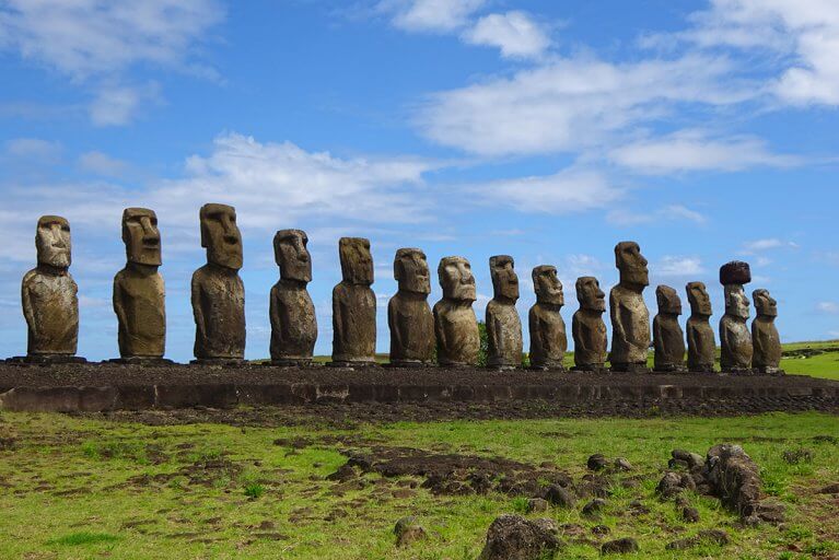 Line of fifteen Moai statues on Easter Island