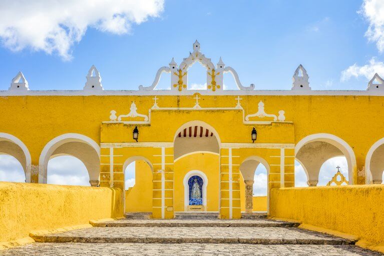 Colonial Franciscan monastery painted canary yellow in Izamel, Mexico on the Yucatan peninsula