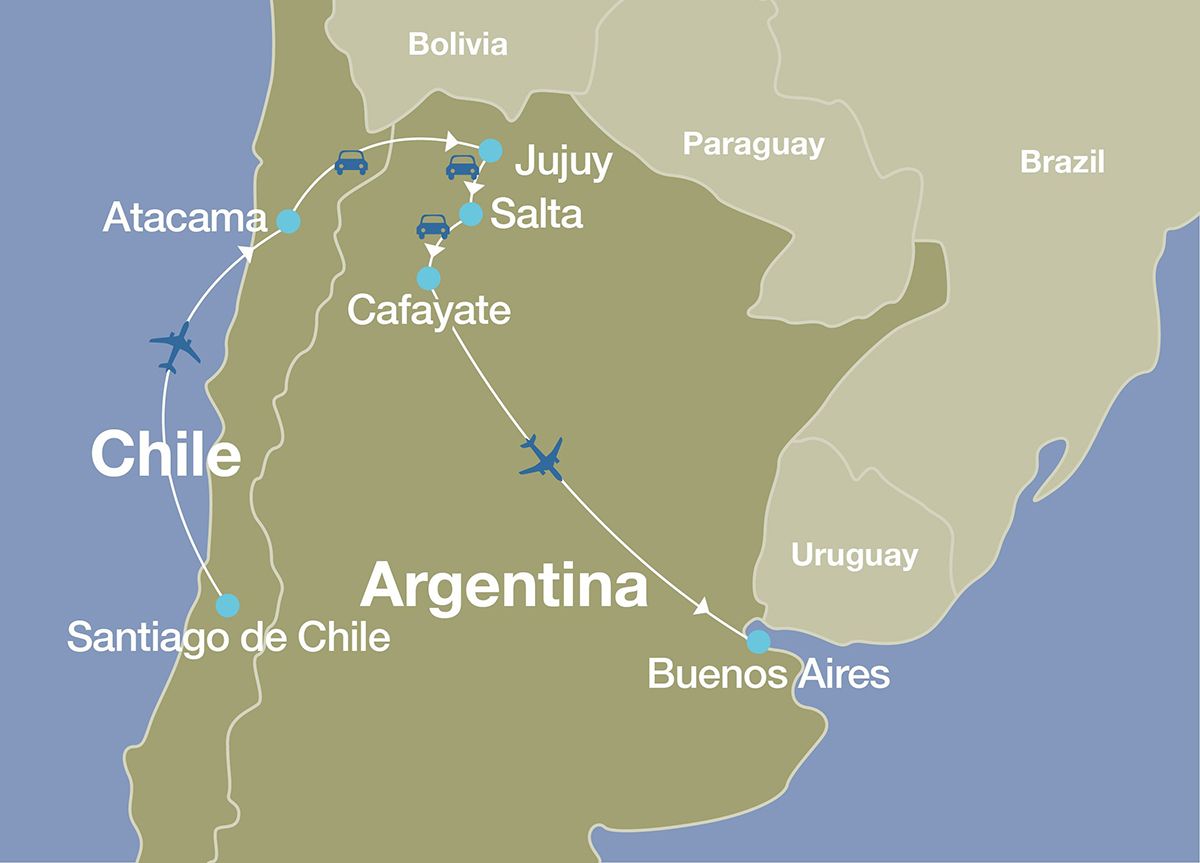 Map showing route, destinations, and methods of transportation of luxury Northern Argentina and Chile tour