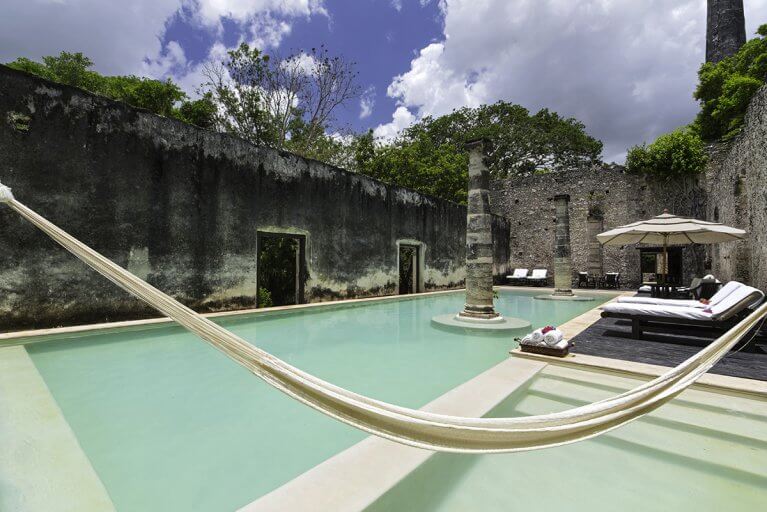Outdoor pool at Hacienda Uayamon, a luxury hotel in Campeche during a private tour of the Yucatan peninsula