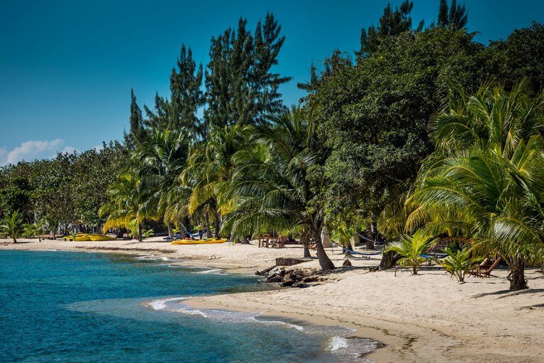 Landscape of a picturesque beach with lush vegetation and a man preparing kayaks for use