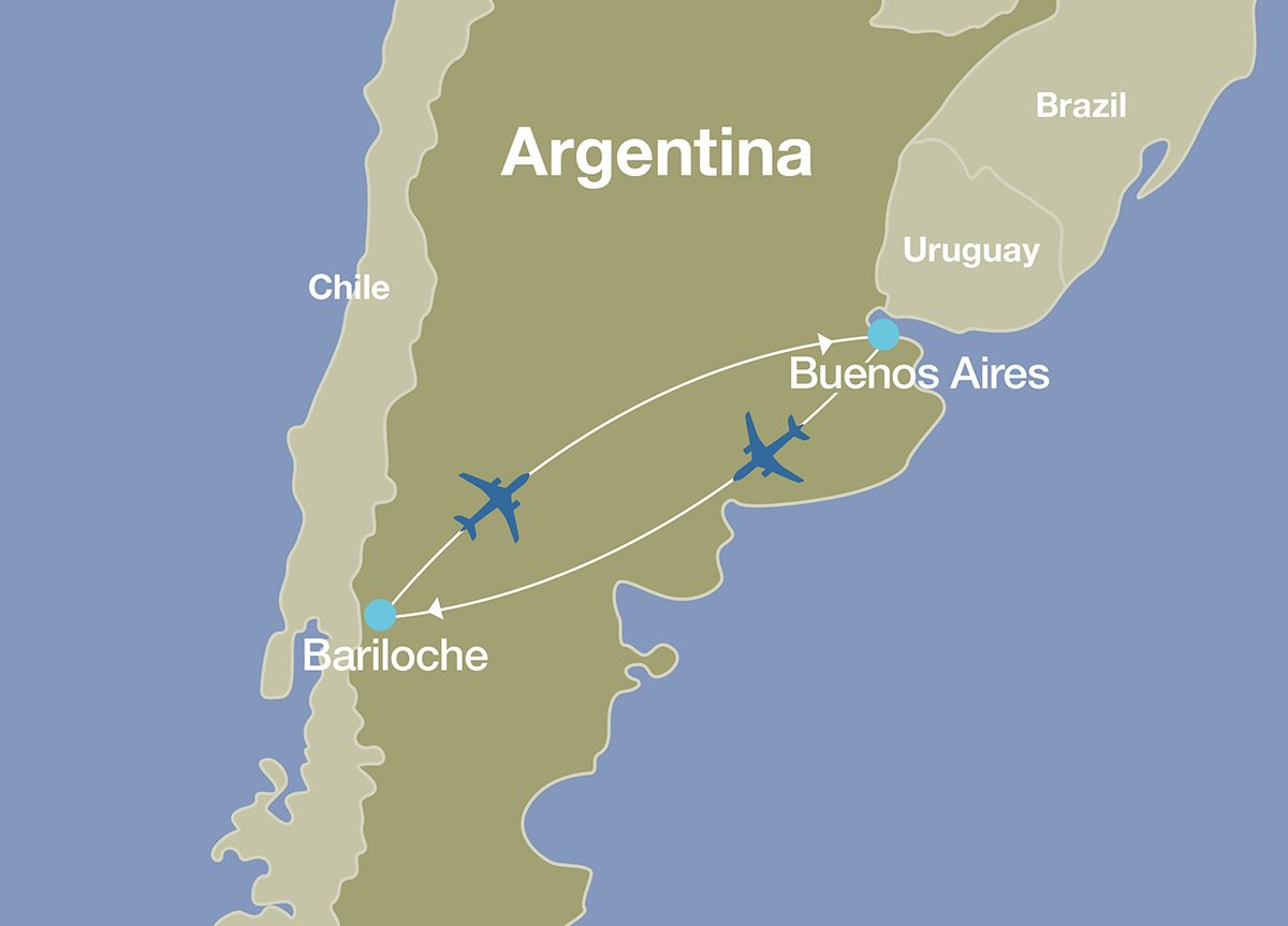 Map showing route, destinations, and methods of transportation of luxury tour of Patagonia Lakes in Argentina