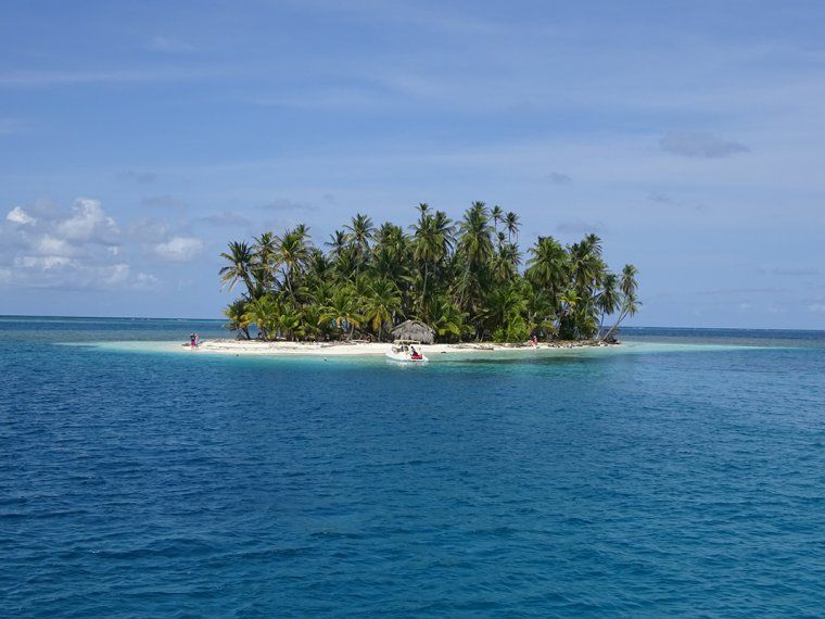View of a small, uninhabited island lush with palm trees from the Caribbean Sea