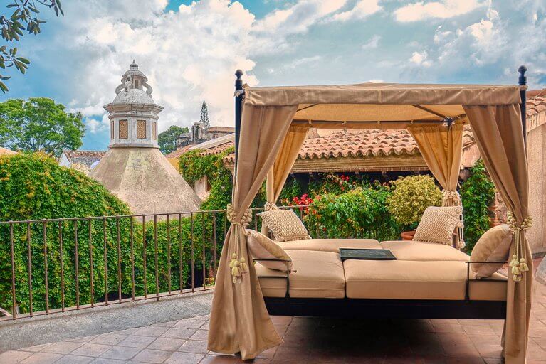 Daybed on a terrace at the El Convento hotel in Antigua, Guatemala