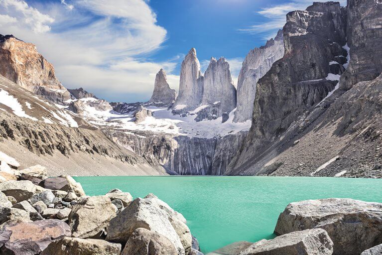 Bright turquoise lake at the base of the jagged peaks of the Towers in Torres del Paine