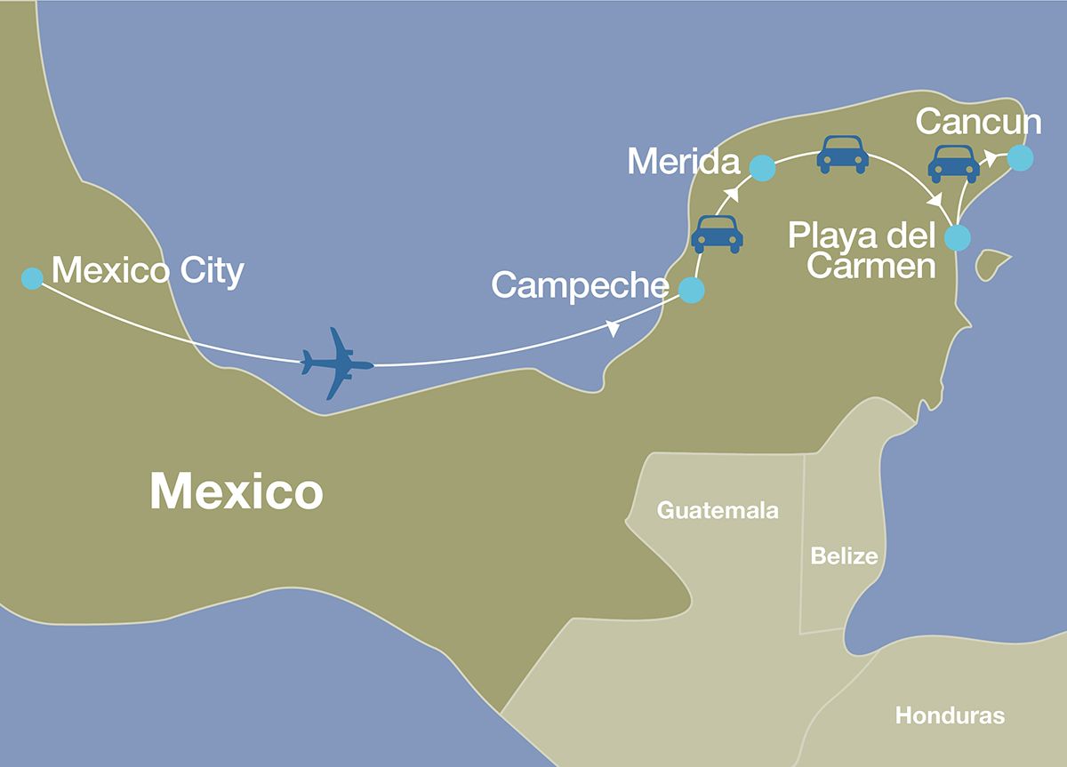 Map of a luxury Yucatan tour, including stops in Mexico City, Campeche, Merida, and the Maya Riviera