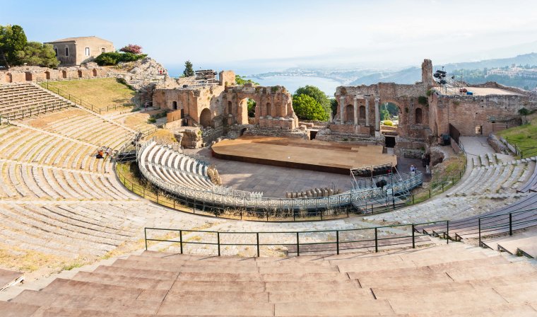 Ancient Greek theatre in Taormina and views beyond on private Sicily tour