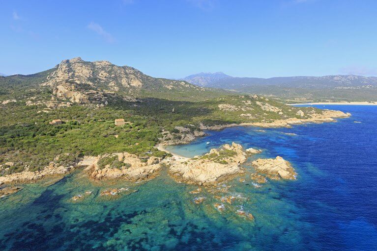 Aerial view of Domaine de Murtoli property with private beach in Corsica