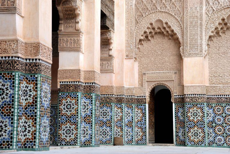 Interior view of the tilework at Ali Ben Youssef Madraza in Marrakesh