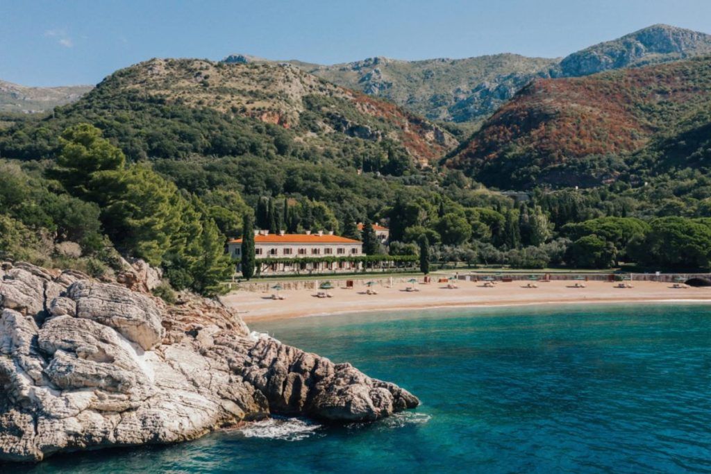View of stunning private beach at Montenegro's Aman property