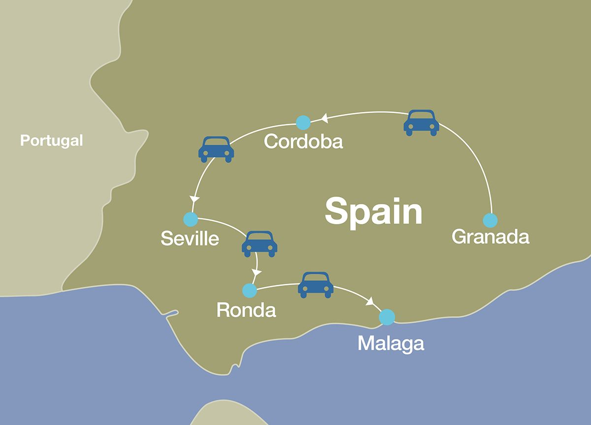 Map of luxury Andalucia tour, with transfers and stops in Granada, Cordoba, Seville, Ronda, Malaga