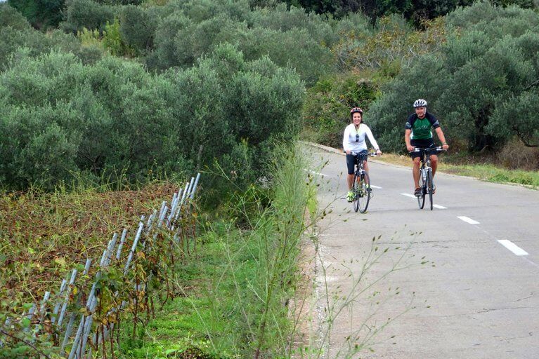 Couple enjoying a private biking tour through Bartulovic winery in Croatia