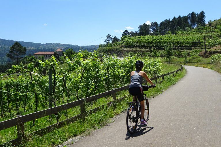Woman bikes through vineyards in the Douro Valley in Portugal