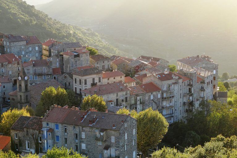 Stone buildings in a village in Alta Rocca Mountains in Corsica