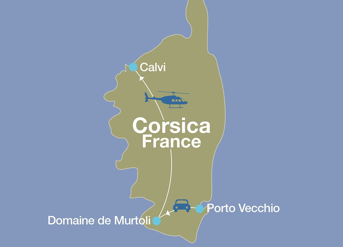 Map showing route, destinations, and transportation used during luxury trip through Corsica