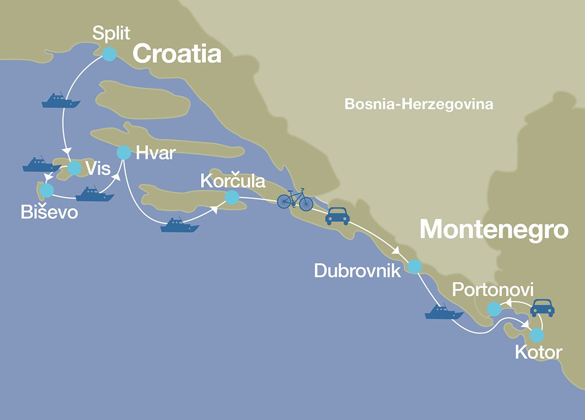 Map of a luxury Croatia tour, with transfers and stops in Split, Hvar, Vis, Biševo, Korčula, Dubrovnik, Portonovi, and Kotor