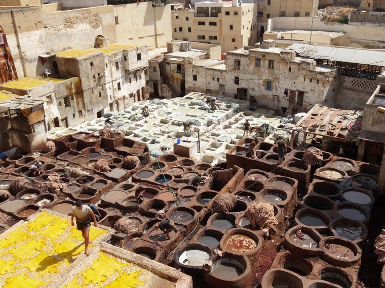 Aerial view of the leather tanneries in the medina of Fes