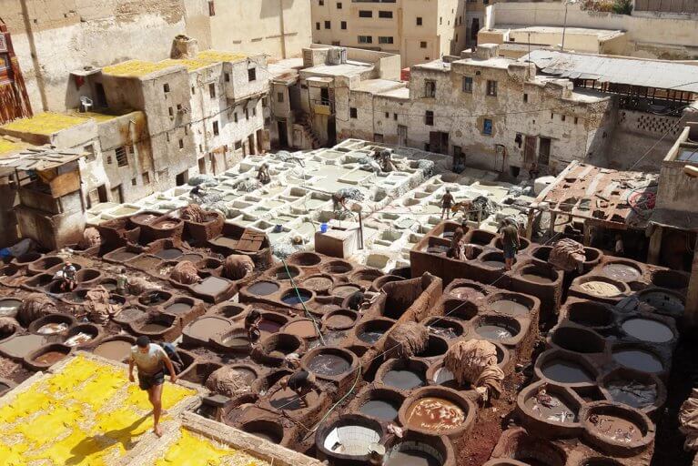 Aerial view of the leather tanneries in the medina of Fes
