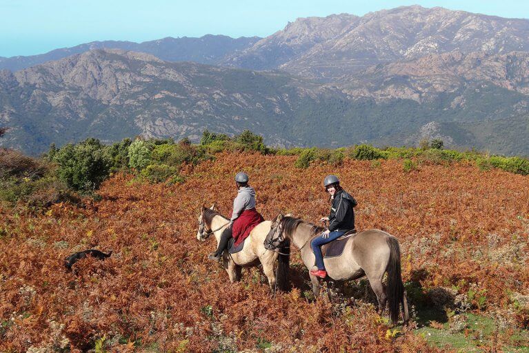 Two people horseback riding in the countryside of Corsica surrounded by mountains