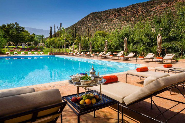 Mint tea set-up near the outdoor pool at Kasbah Tamadot in the Atlas Mountains