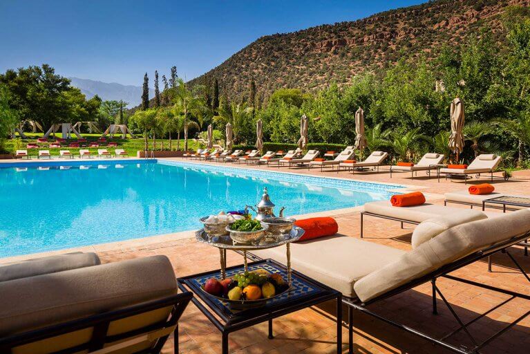 Mint tea set-up near the outdoor pool at Kasbah Tamadot in the Atlas Mountains