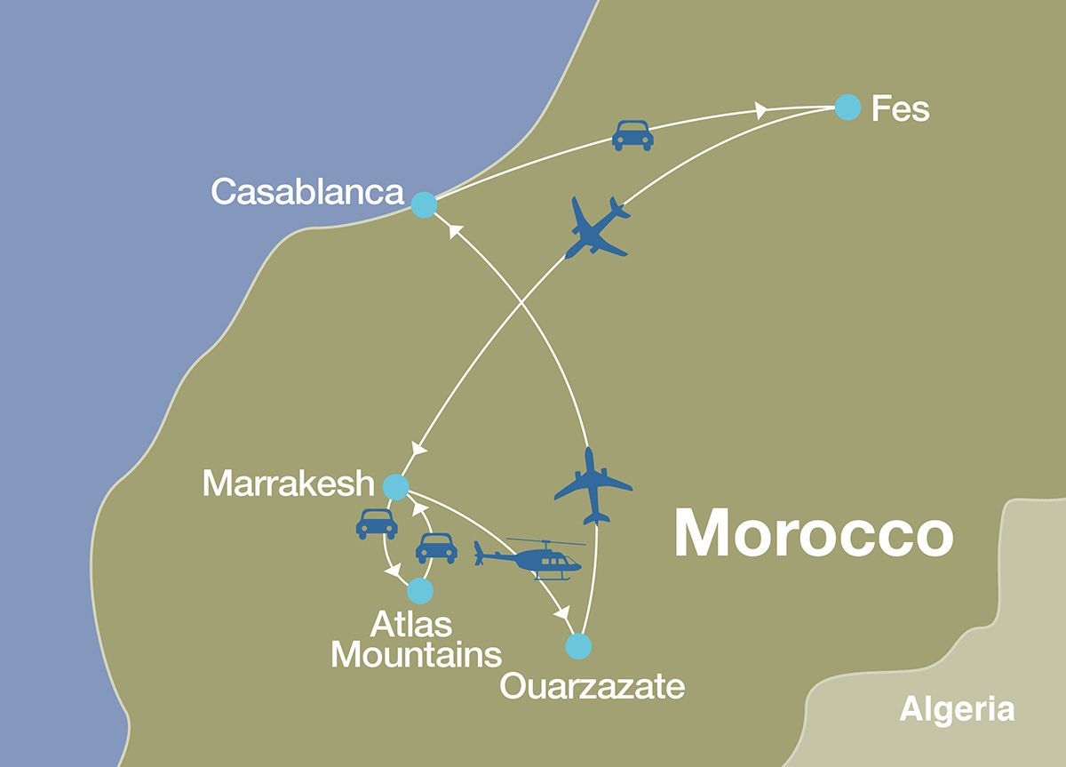 Map showing the itinerary for a luxury Morocco tour