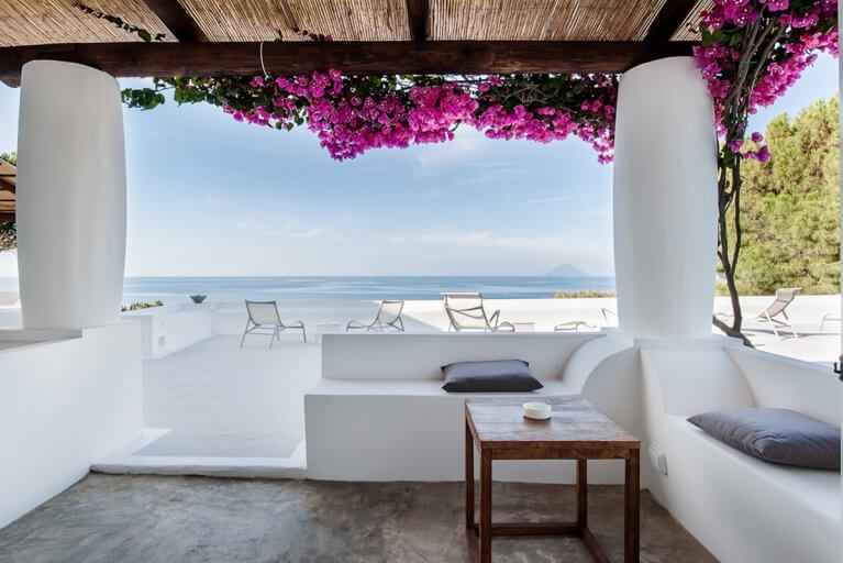 Balcony of private villa with sea view at Capofaro estate on Salina island