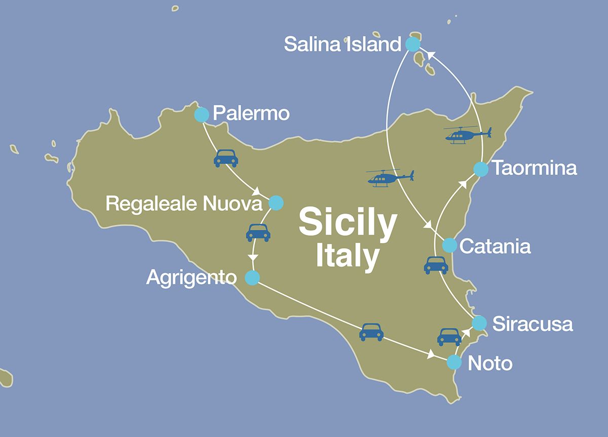 Map of luxury Sicily tour, with methods of transportation for transfers and destinations