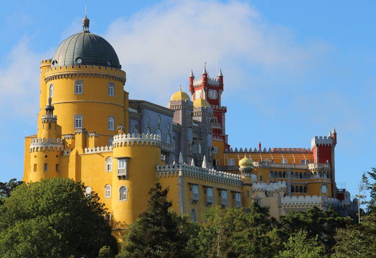 Colorful exterior of Pena Palace in Sintra, Portugal view from exclusive access tour